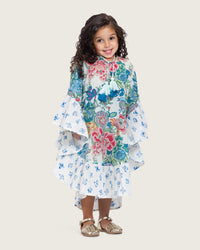 Girls Printed Kaftan with Flowy Silhouette and Sleeves - Blue - Noētic