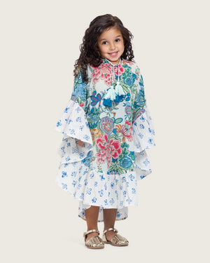 Girls Printed Kaftan with Flowy Silhouette and Sleeves - Blue - Noētic