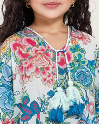 Girls Printed Kaftan with Flowy Silhouette and Sleeves - Blue - Noētic