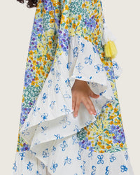 Girls Printed Kaftan with Flowy Silhouette and Sleeves - Pastels - Noētic