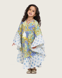 Girls Printed Kaftan with Flowy Silhouette and Sleeves - Pastels - Noētic