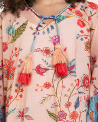 Girls Printed Kaftan with Flowy Silhouette and Sleeves -Peach - Noētic