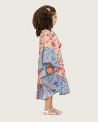 Girls Printed Kaftan with Flowy Silhouette and Sleeves -Peach - Noētic