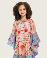 Girls Printed Kaftan with Flowy Silhouette and Sleeves -Peach - Noētic