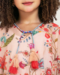 Girls Printed Kaftan with Flowy Silhouette and Sleeves -Peach - Noētic