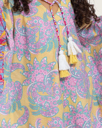 Girls Printed Kaftan with Flowy Silhouette and Sleeves -Pink - Noētic