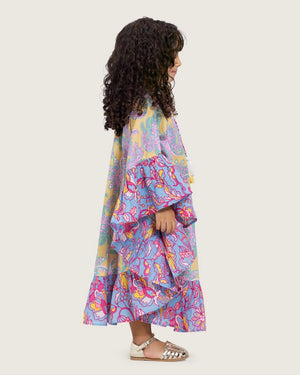 Girls Printed Kaftan with Flowy Silhouette and Sleeves -Pink - Noētic