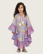 Girls Printed Kaftan with Flowy Silhouette and Sleeves -Pink - Noētic