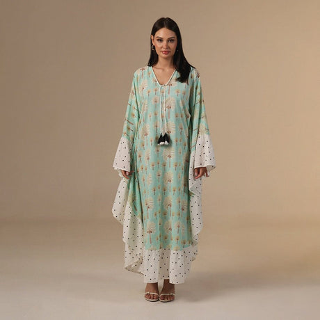 Green Polka Dot and Palm Treas Mix Print Flowy Kaftan - Noētic