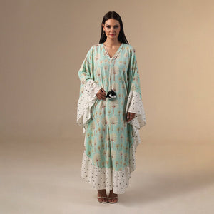 Green Polka Dot and Palm Treas Mix Print Flowy Kaftan - Noētic