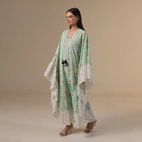 Green Polka Dot and Palm Treas Mix Print Flowy Kaftan - Noētic