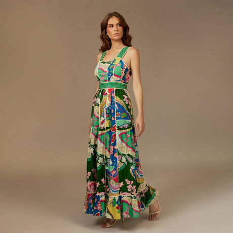 Green Printed Cotton Maxi Dress - Noētic