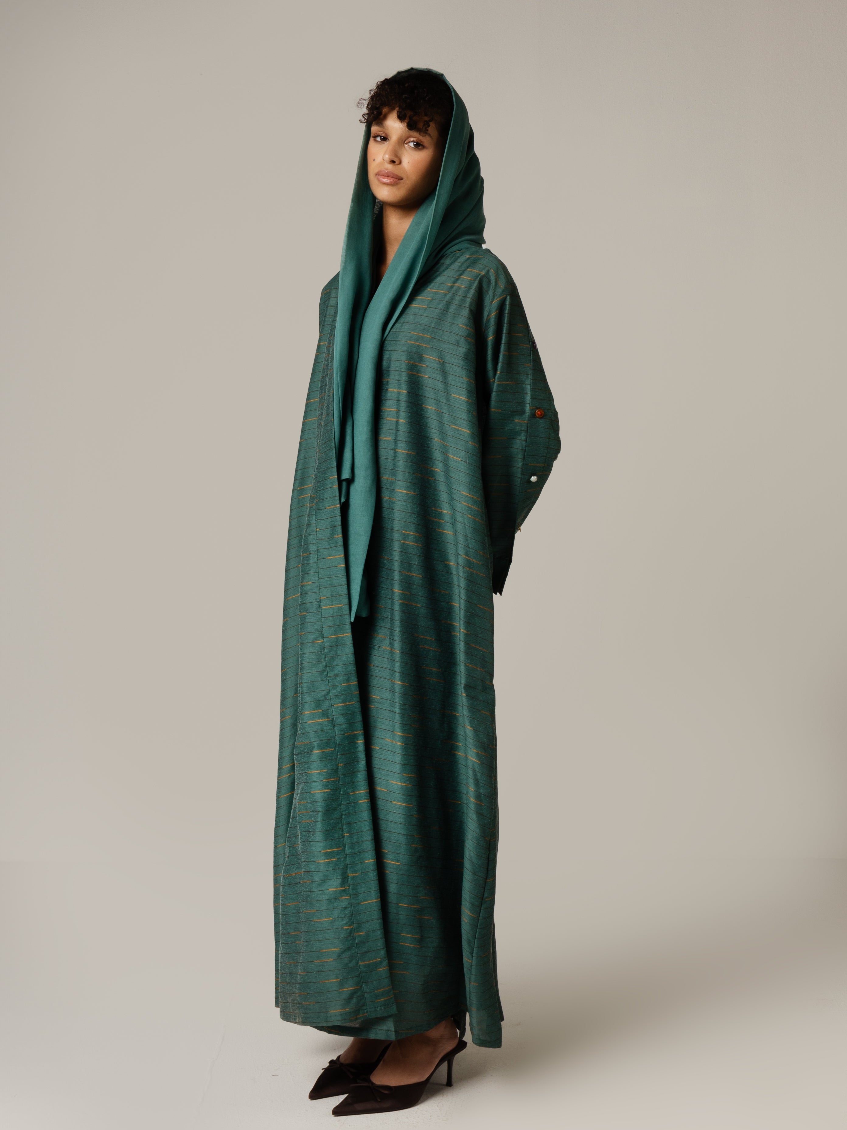 Green Striped Abaya with Decorative Buttons - Noētic