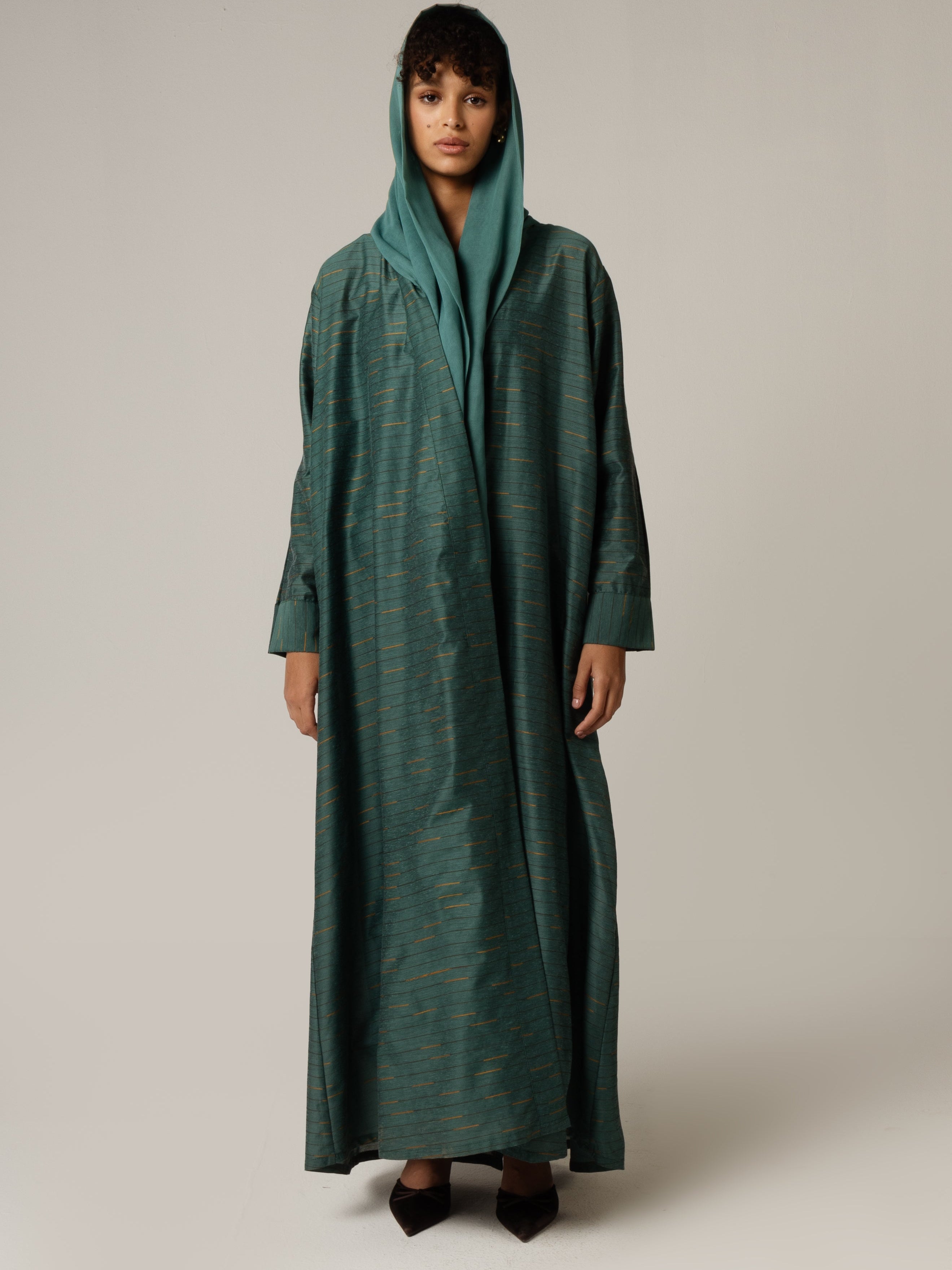 Green Striped Abaya with Decorative Buttons - Noētic