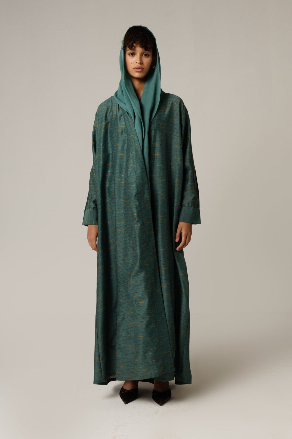Green Striped Abaya with Decorative Buttons - Noētic