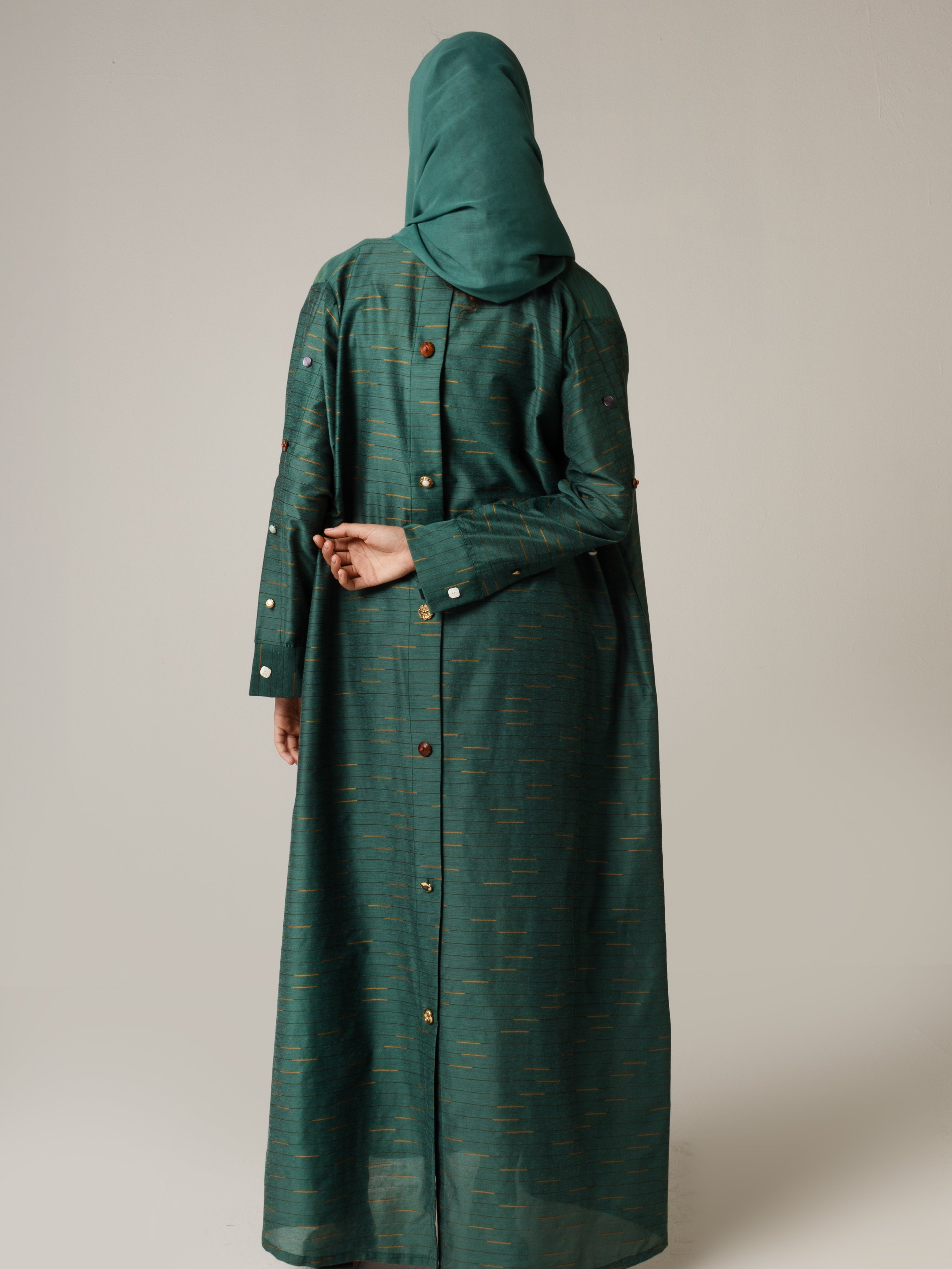 Green Striped Abaya with Decorative Buttons - Noētic