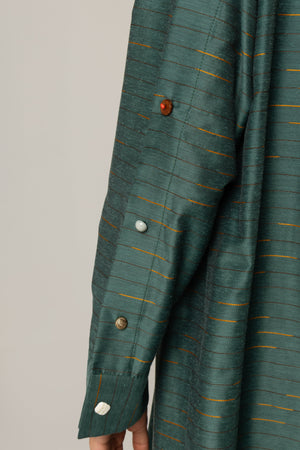 Green Striped Abaya with Decorative Buttons - Noētic