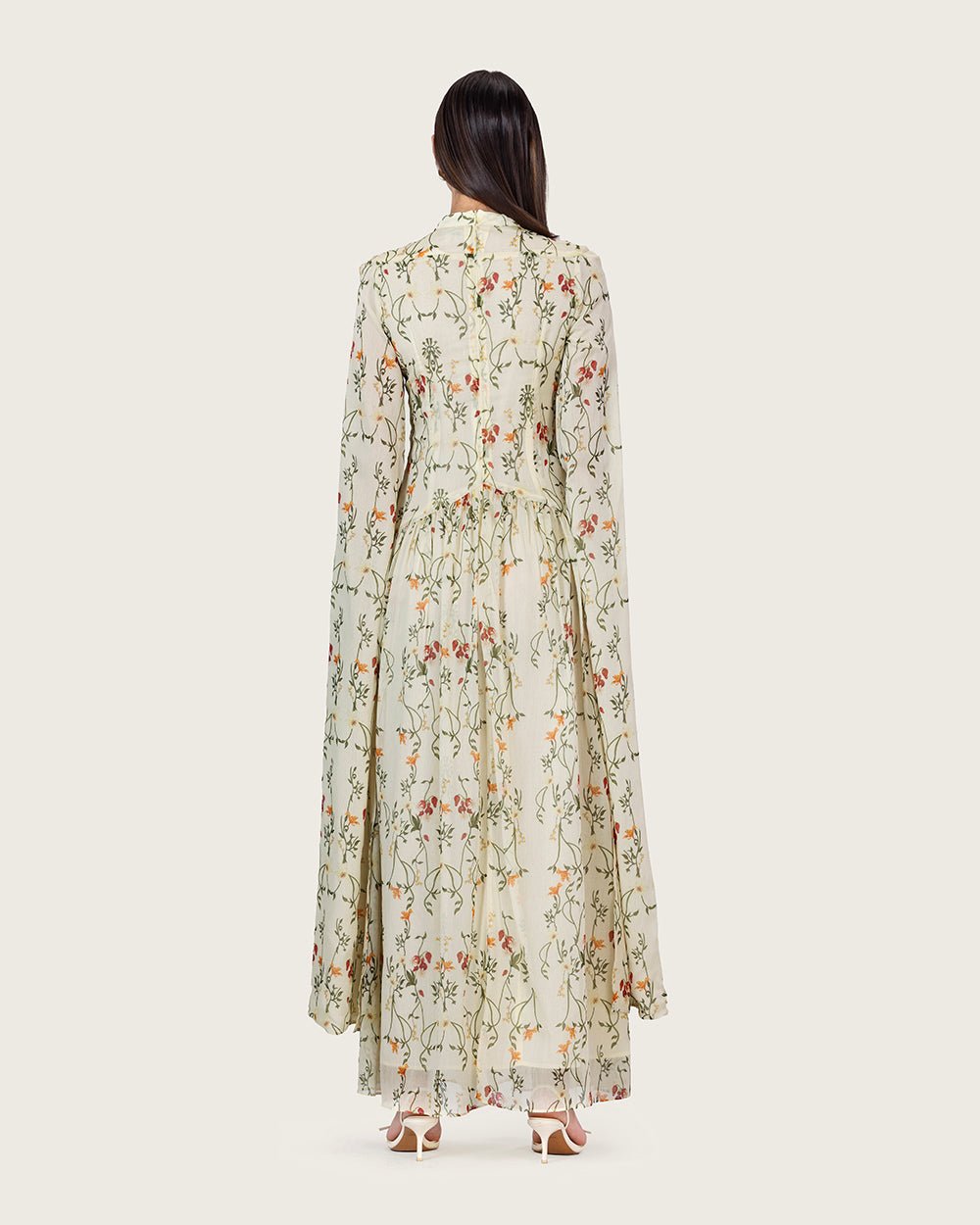 Ivory Floral Maxi Dress with Cape Sleeves - Noētic