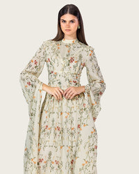 Ivory Floral Maxi Dress with Cape Sleeves - Noētic