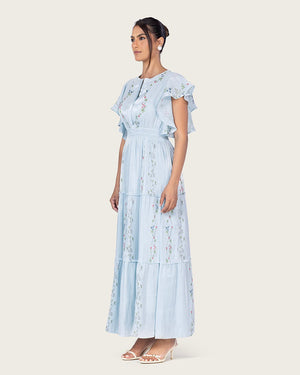 Light Blue Shimmery Chiffon Maxi Dress with Flutter Sleeves - Noētic