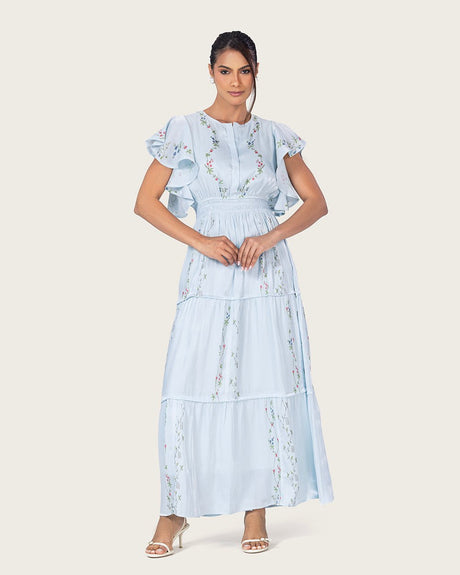 Light Blue Shimmery Chiffon Maxi Dress with Flutter Sleeves - Noētic