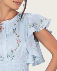 Light Blue Shimmery Chiffon Maxi Dress with Flutter Sleeves - Noētic