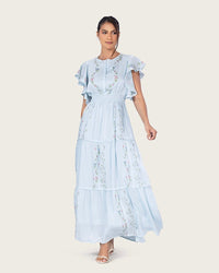 Light Blue Shimmery Chiffon Maxi Dress with Flutter Sleeves - Noētic