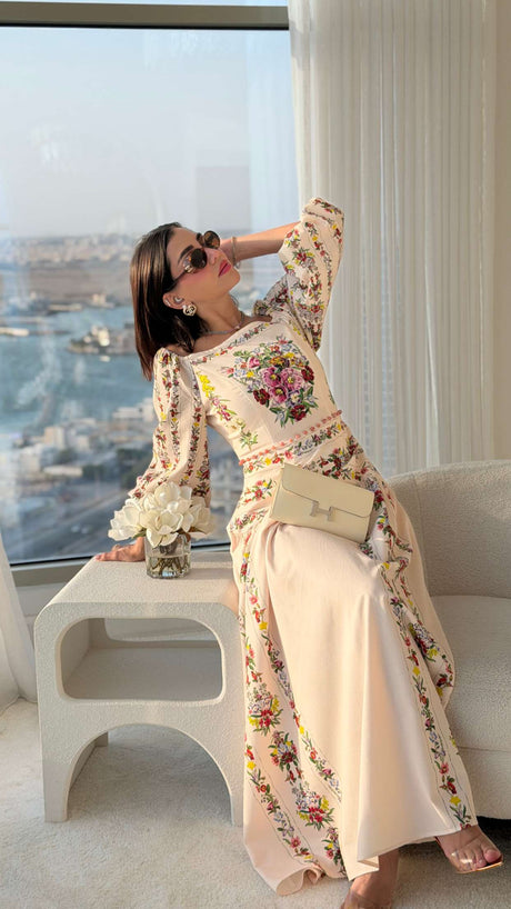 Light Pink Floral Linen Dress with Hand-Beaded Waist - Noētic