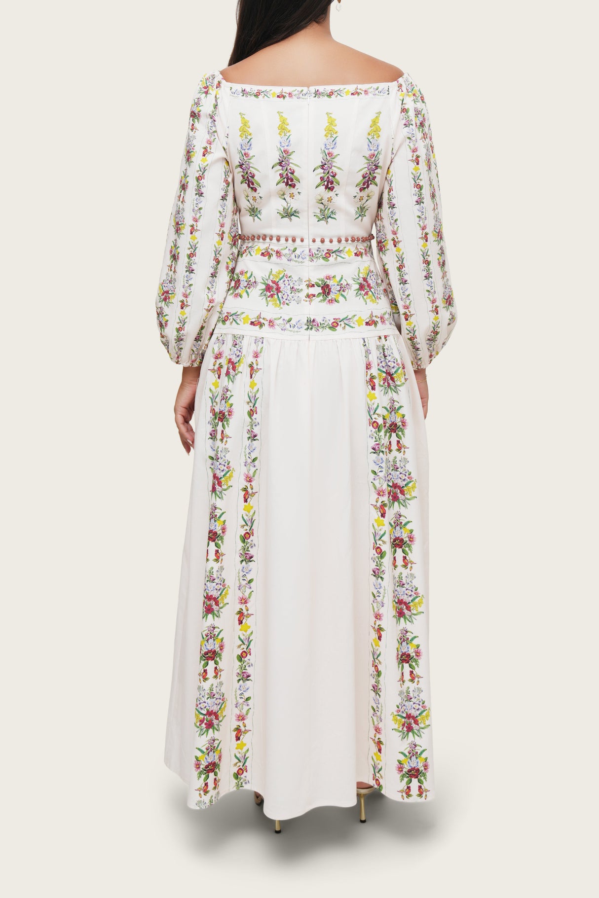 Light Pink Floral Linen Dress with Hand-Beaded Waist - Noētic