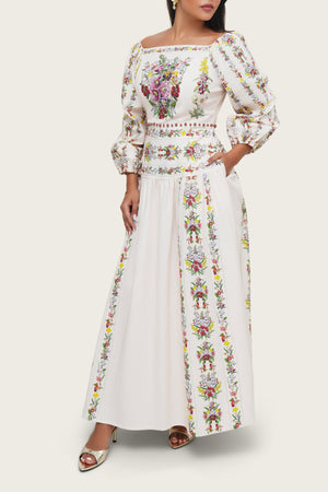 Light Pink Floral Linen Dress with Hand-Beaded Waist - Noētic