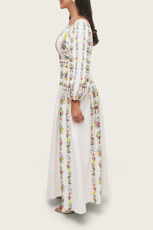 Light Pink Floral Linen Dress with Hand-Beaded Waist - Noētic