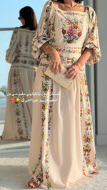 Light Pink Floral Linen Dress with Hand-Beaded Waist - Noētic