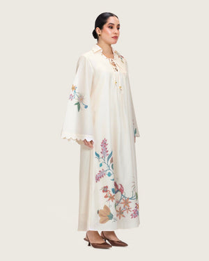 Loose A-Line Linen Dress with Floral Print - Noētic