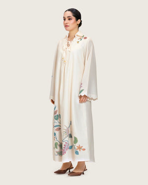 Loose A-Line Linen Dress with Floral Print - Noētic