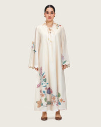 Loose A-Line Linen Dress with Floral Print - Noētic