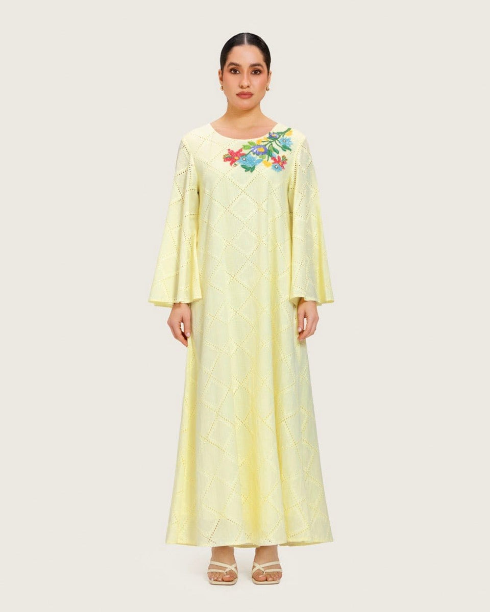 Loose Eyelet Cotton Dress with Handmade Beaded & Sequin Embellishments L