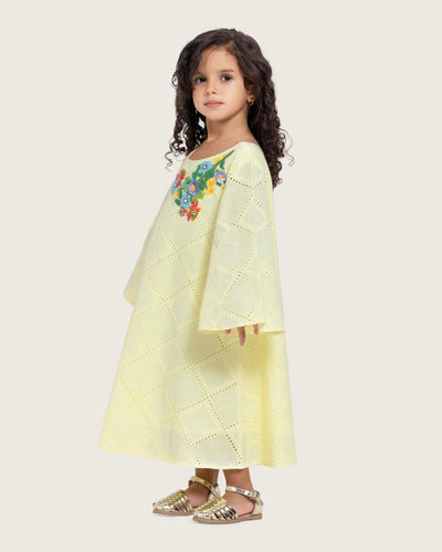 Loose Eyelet Cotton Kids Dress with Handmade Beaded & Sequin Embellishments - Noētic