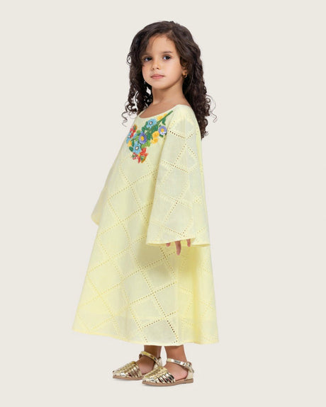 Loose Eyelet Cotton Kids Dress with Handmade Beaded & Sequin Embellishments - Noētic