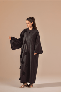 Luxe Black Linen Abaya Kimono with Beaded Black-on-Black Tassels - Noētic