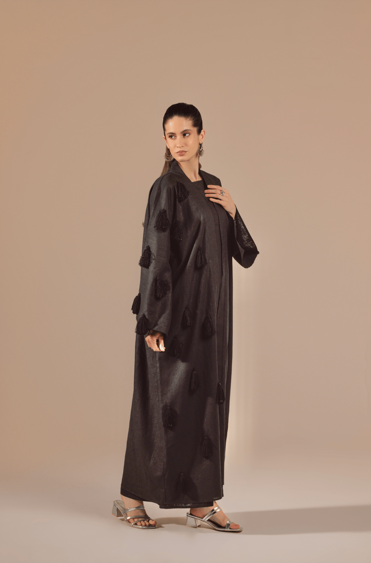 Luxe Black Linen Abaya Kimono with Beaded Black-on-Black Tassels - Noētic