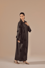 Luxe Black Linen Abaya Kimono with Beaded Black-on-Black Tassels - Noētic