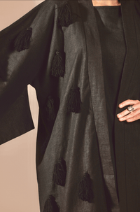 Luxe Black Linen Abaya Kimono with Beaded Black-on-Black Tassels - Noētic