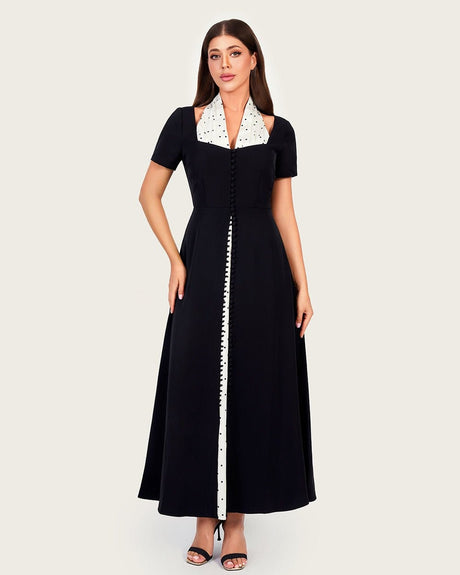 Luxury Black Crepe Dress with Polka Dot Satin Halter Detail - Noētic