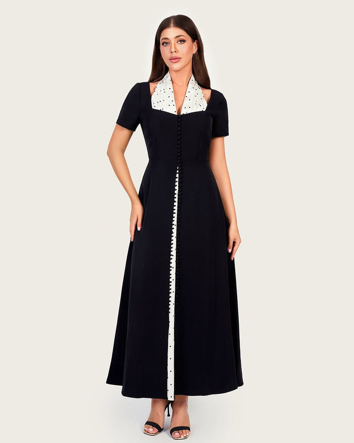 Luxury Black Crepe Dress with Polka Dot Satin Halter Detail