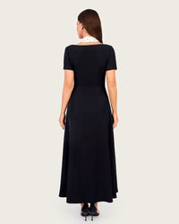 Luxury Black Crepe Dress with Polka Dot Satin Halter Detail - Noētic