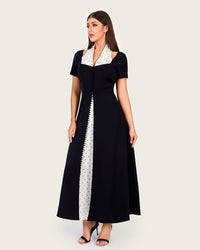 Luxury Black Crepe Dress with Polka Dot Satin Halter Detail - Noētic