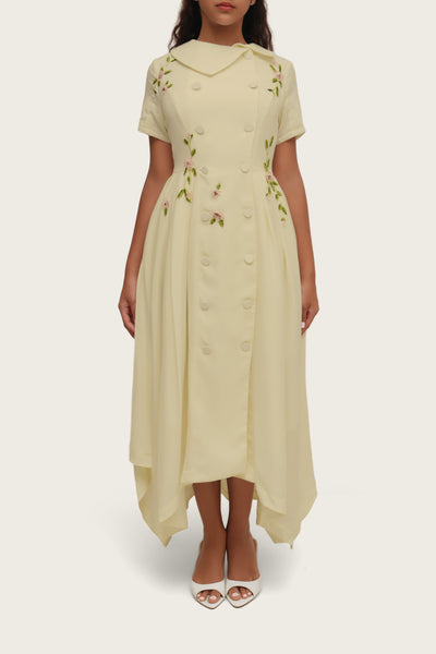 Luxury Butter Yellow Hand-Embellished Crepe Dress - Noētic