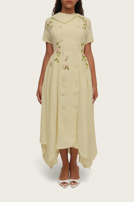 Luxury Butter Yellow Hand-Embellished Crepe Dress - Noētic