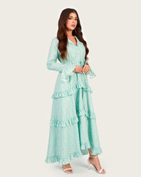 Luxury Cotton Maxi Shirt Dress with Geometric Print & Ruffle Details - Noētic