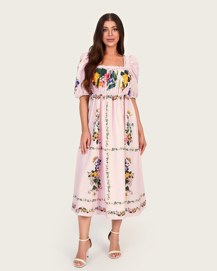 Luxury Linen A-Line Maxi Pink Dress with Botanical Floral Border Print